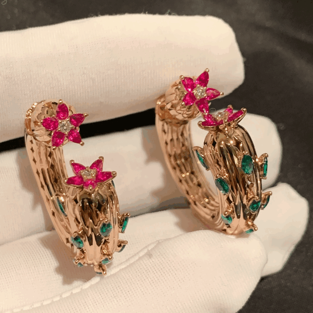 18k rose gold Cactus de Cartier Emeralds and Rubies Hoop Earrings