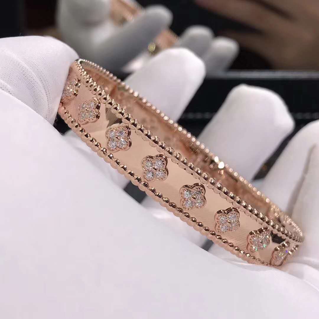 Custom Van Cleef & Arpels Perlée Clovers Bracelet in Pink Gold with Diamonds