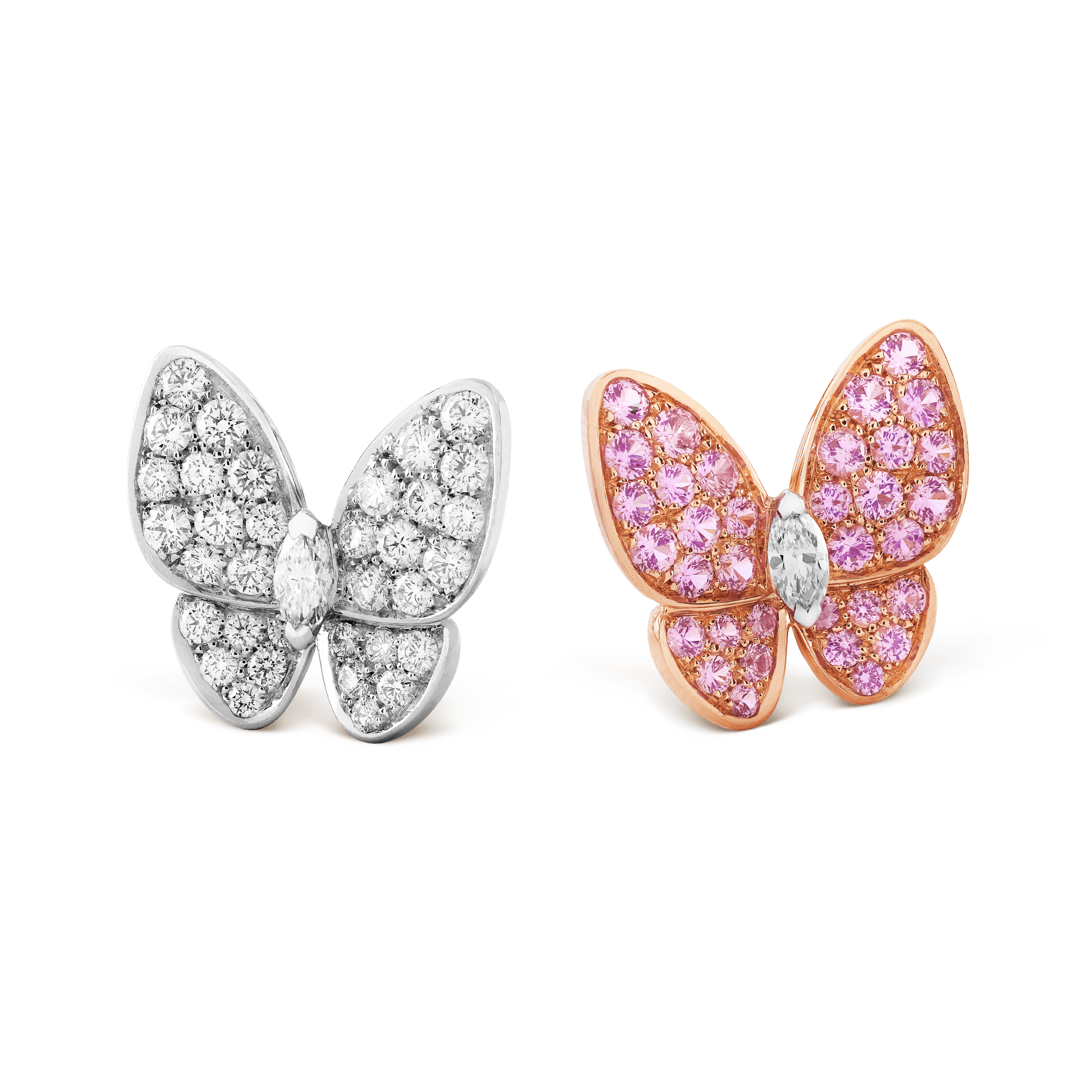 Van Cleef & Aretes Arpels Two Butterfly con zafiro rosa redondo y diamantes talla marquesa redondos